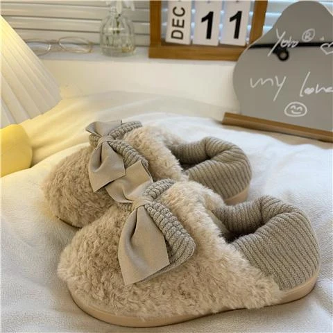 2025新款可爱蝴蝶结棉拖鞋女冬季防滑室内外保暖包头毛毛绒棉拖潮