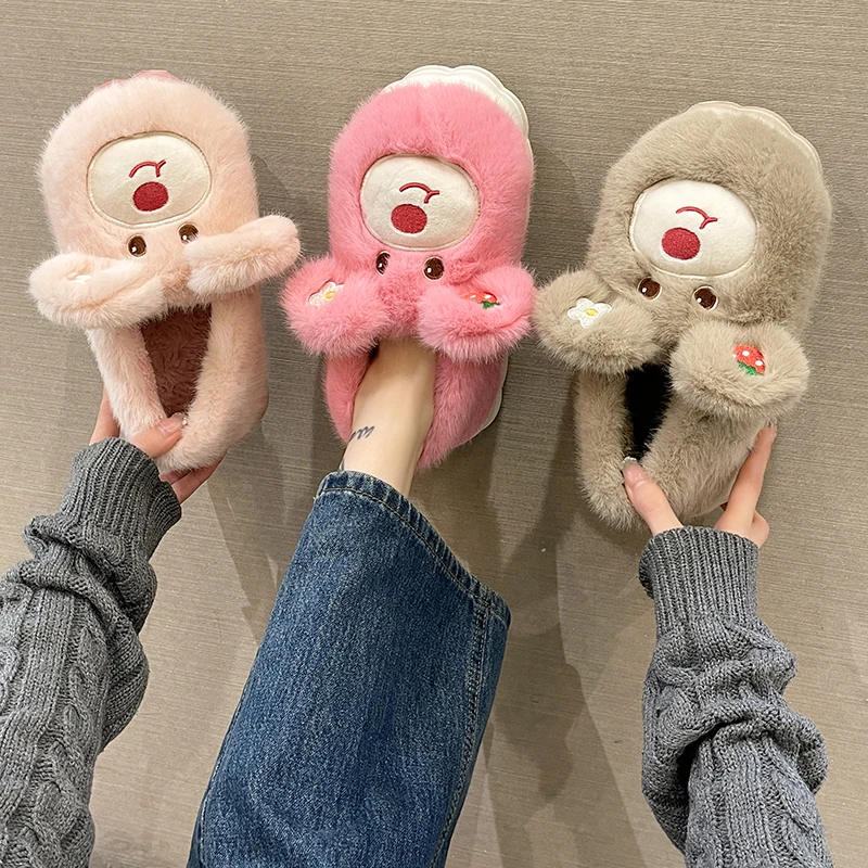 棉拖鞋女厚底全包跟家用可爱毛绒草莓熊棉鞋冬加厚加绒保暖月子鞋