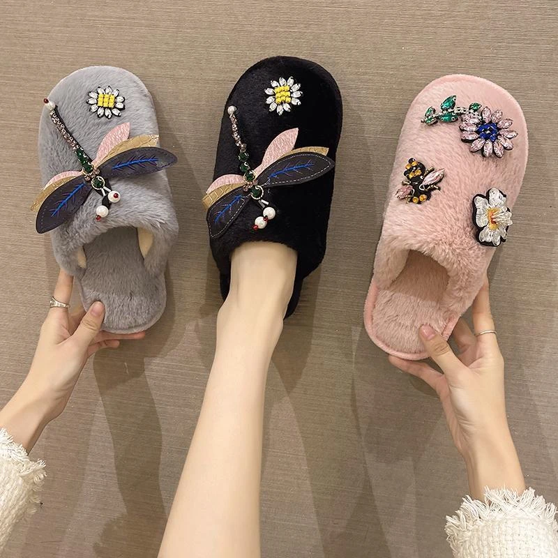 居家拖鞋女2024年秋冬季新款防滑平底室内蜻蜓水钻棉拖鞋包头拖鞋