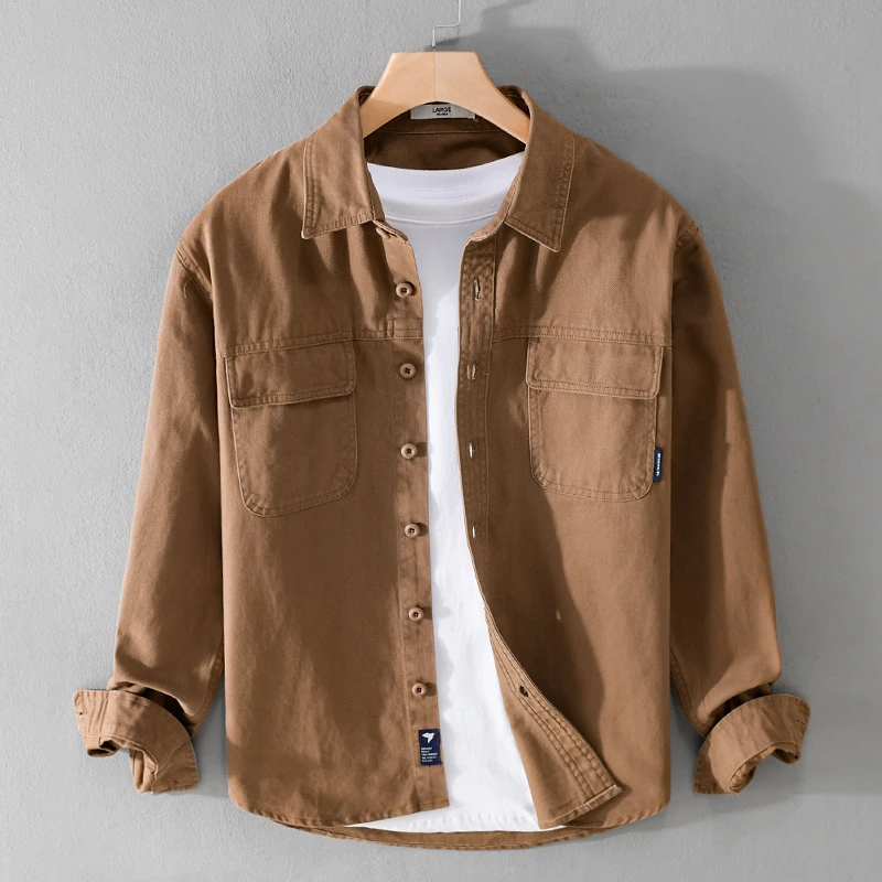 秋季潮流美式简约百搭工装男士长袖衬衫纯色休闲宽松复古青年衬衣
