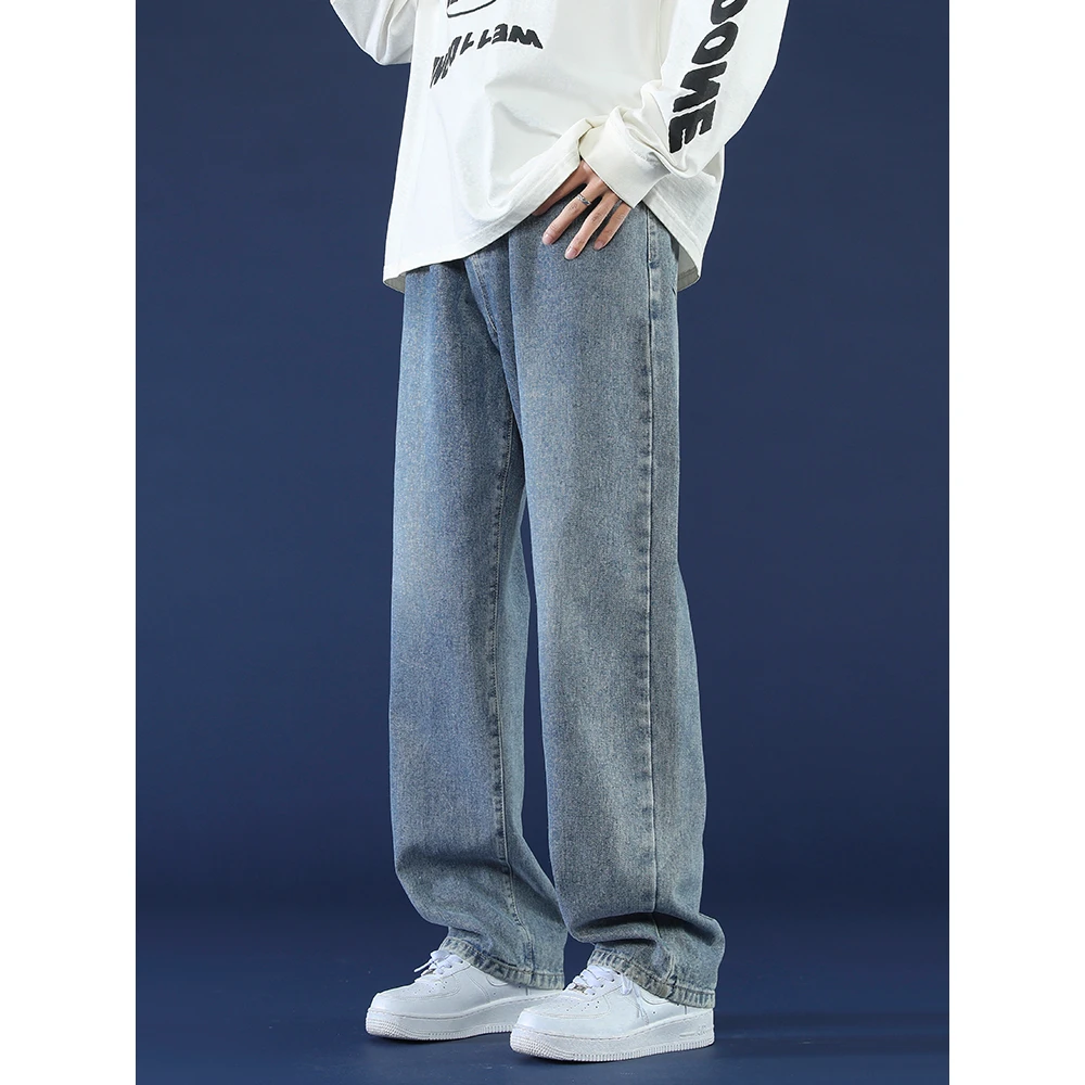30岁牛仔裤男款浅蓝直筒美式高街水洗做旧休闲长裤复古宽松阔腿裤