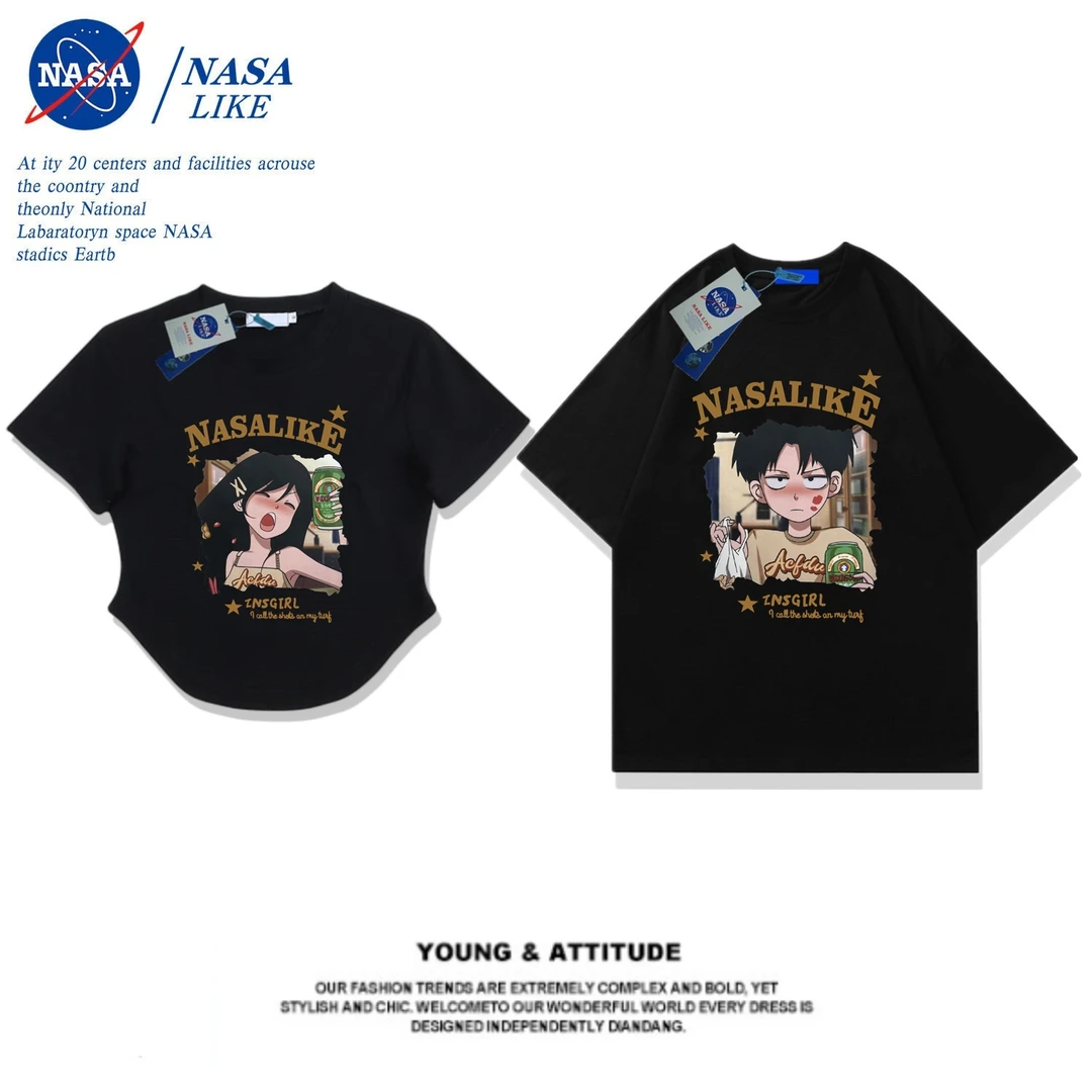 NASA美式复古情侣装夏季新款2023纯棉正肩短袖t恤男女短款上衣ins