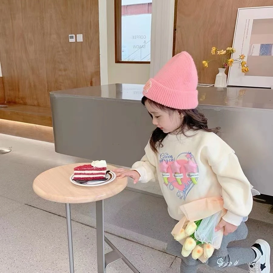 秋冬加绒中大童2-16岁女童洋气BB绒韩版原创小众设计卫衣圆领卡通