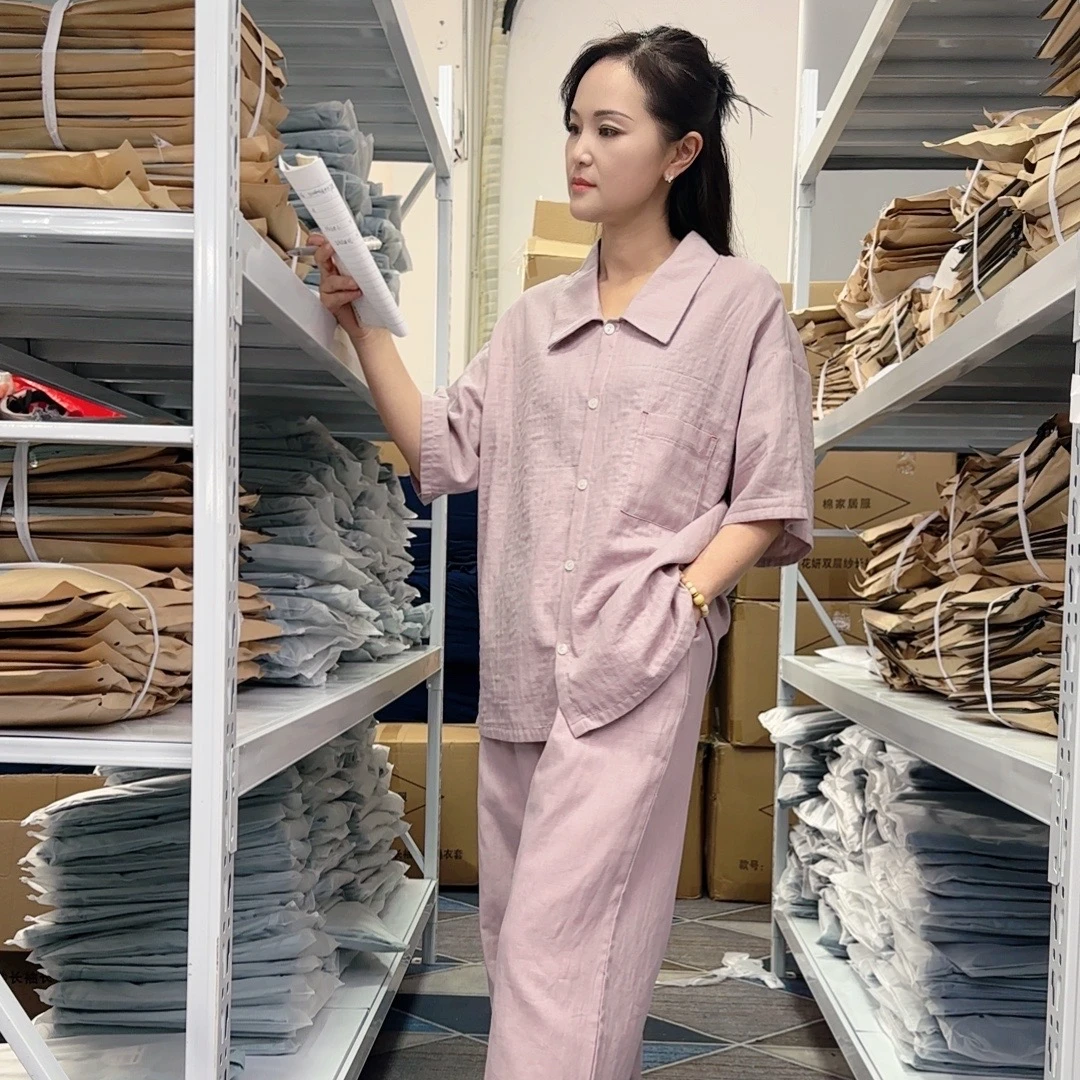 [棉芝语]A类睡衣短袖长裤100全棉双层纱女薄款时尚休闲透气吸汗