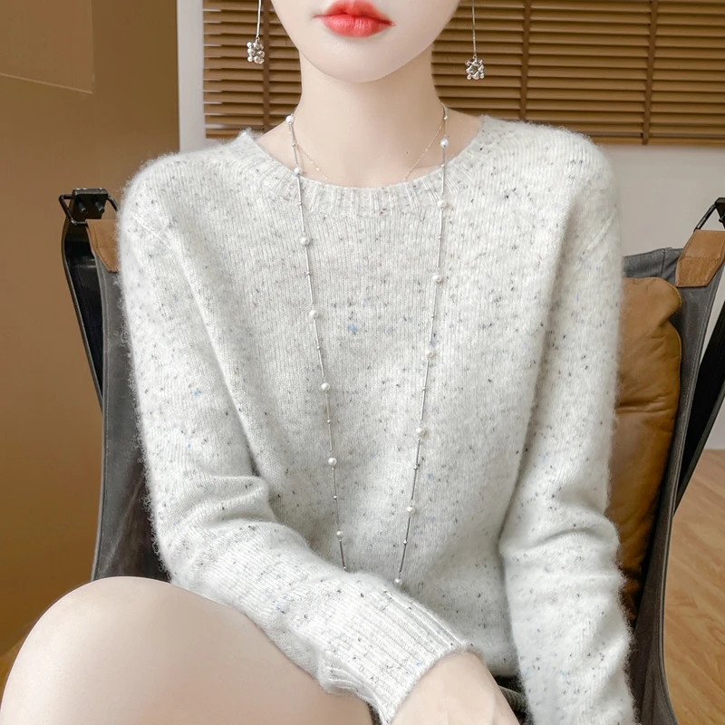 【羊毛点子纱】无缝成衣100%羊毛衫女圆领厚款宽松毛衣宽松针织打底