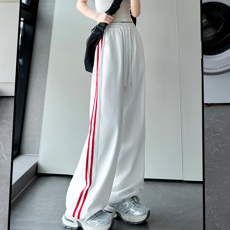 冰丝工装裤女夏薄款美式高街条纹速干阔腿运动裤新款宽松显瘦休闲