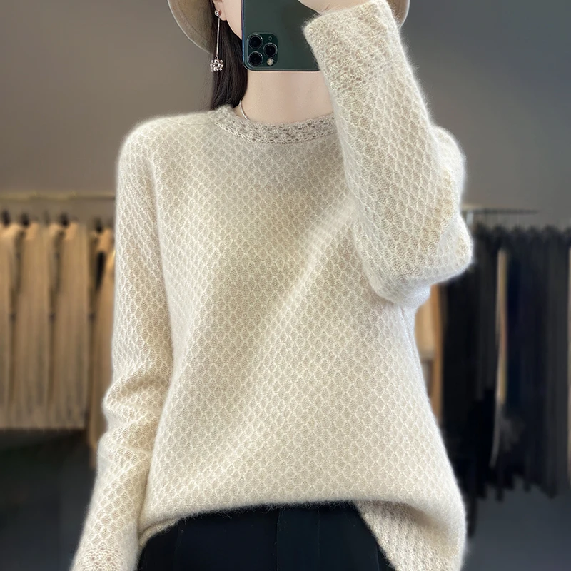 秋冬新款纯羊毛圆领7针加厚立体领花内搭打底衫针织衫毛衣套头