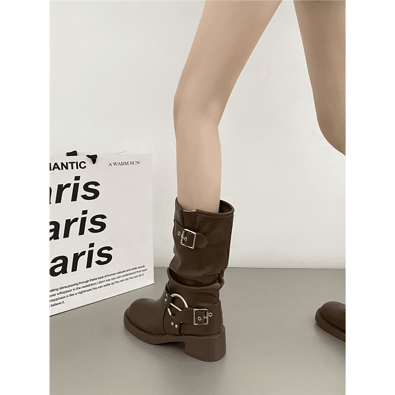 爆款法式棕色厚底西部牛仔靴子女2024新款夏季粗跟复古显瘦马丁靴