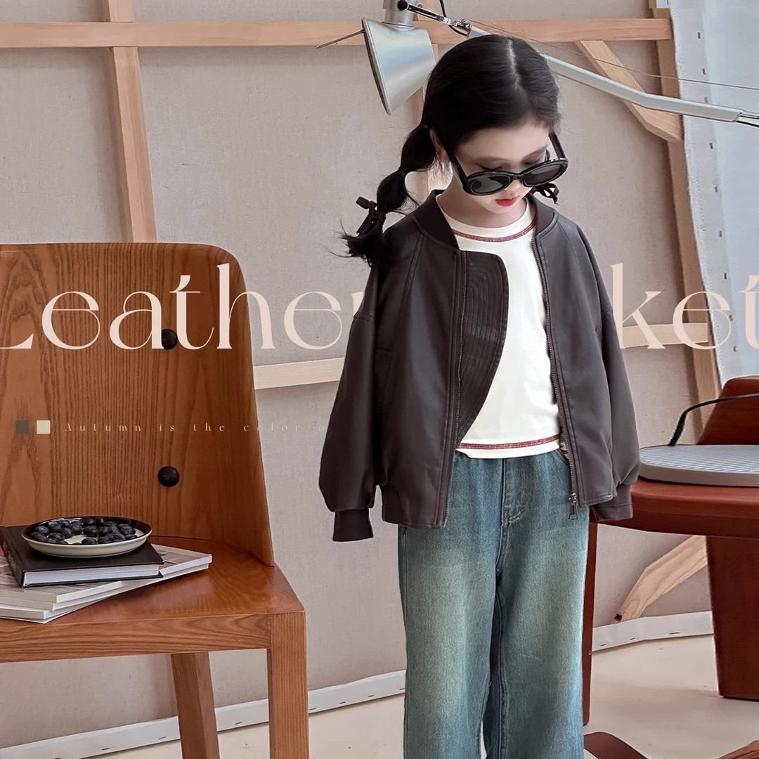 童装2025秋冬女童擦色皮衣男宝宝森系夹克机车服女孩圆领宽松外套