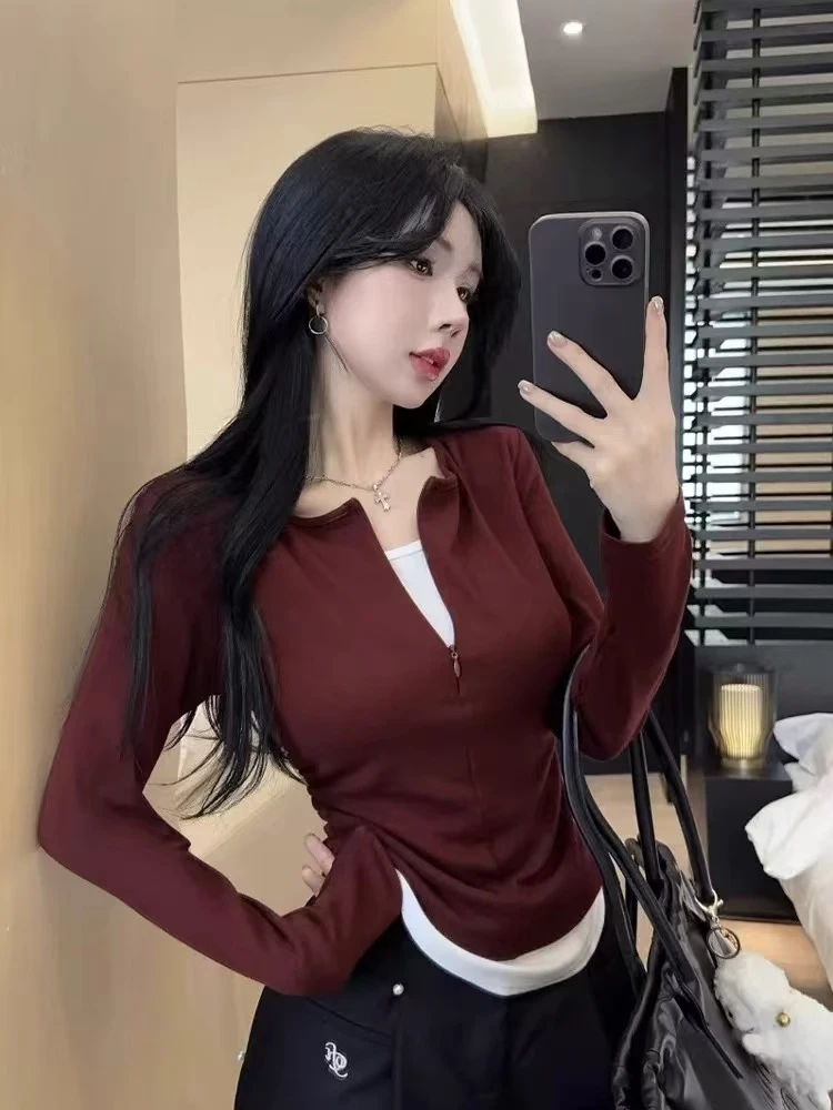 2024新款假两件拼接长袖T恤女秋冬磨毛加绒款修身显瘦百搭上衣