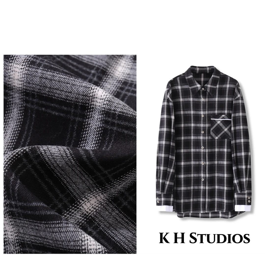 K H Studios 减领街头慵懒撞色廓形格纹磨毛衬衫