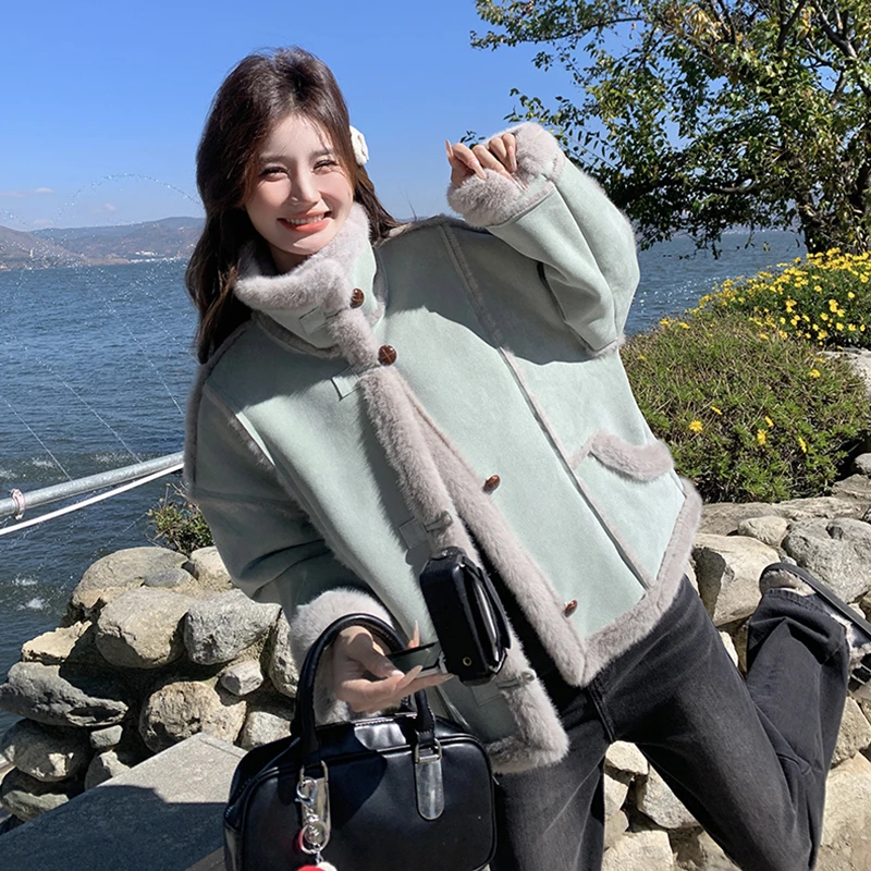 蓝色超好看小个子减龄皮毛一体外套女2024冬新款加绒加厚保暖外套