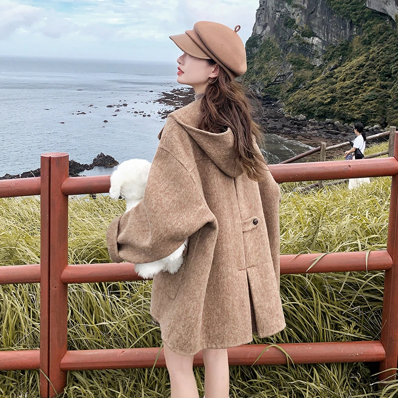 学院风连帽双面绒毛呢大衣女2024冬季新款韩系休闲高级感毛呢外套