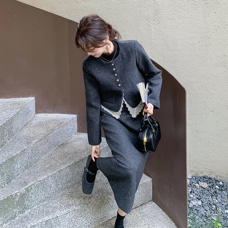 名媛小香风套装女高级感拼蕾丝毛呢外套半身裙两件套2024新款套裙