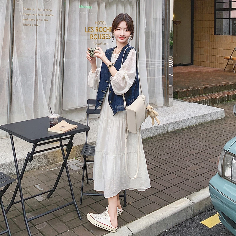 复古气质牛仔马甲长袖连衣裙套装2024初春秋穿搭连衣裙马甲套装女