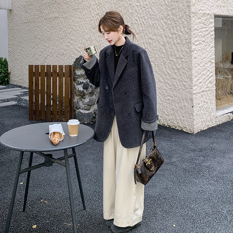 灰色西装内胆羽绒服外套2024新款女冬高级感韩版气质毛呢子大衣