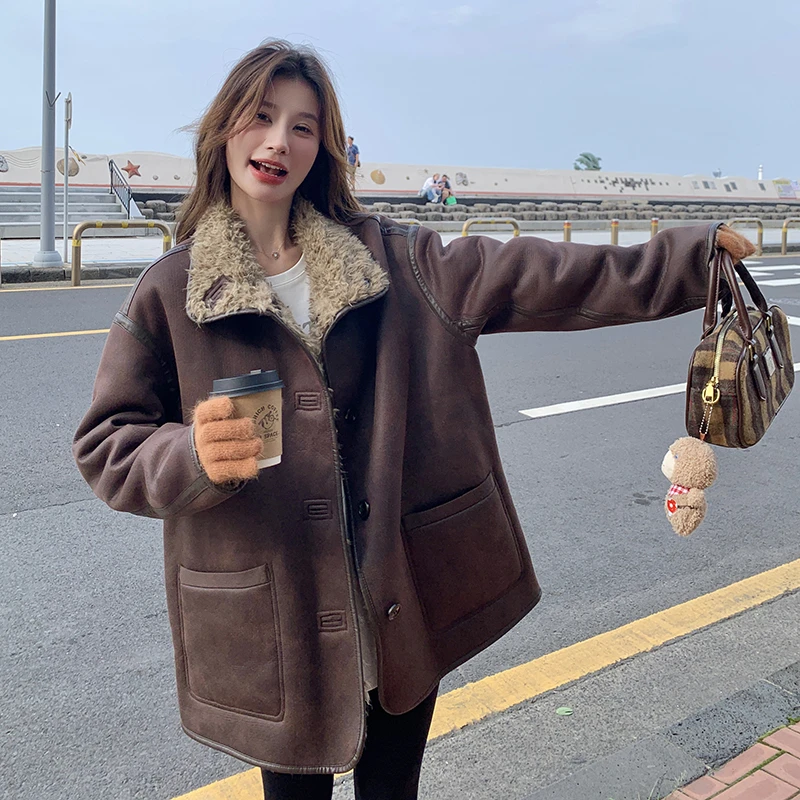 羊羔毛外套女冬季中长款宽松皮毛一体两面穿机车服保暖大衣高级感