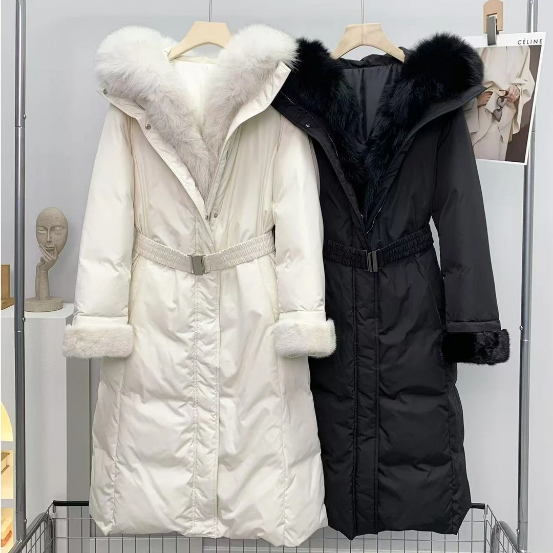 24寒冬新款贵妇韩鹅绒拼接超长真狐狸毛领收腰修身腰带显瘦羽绒服