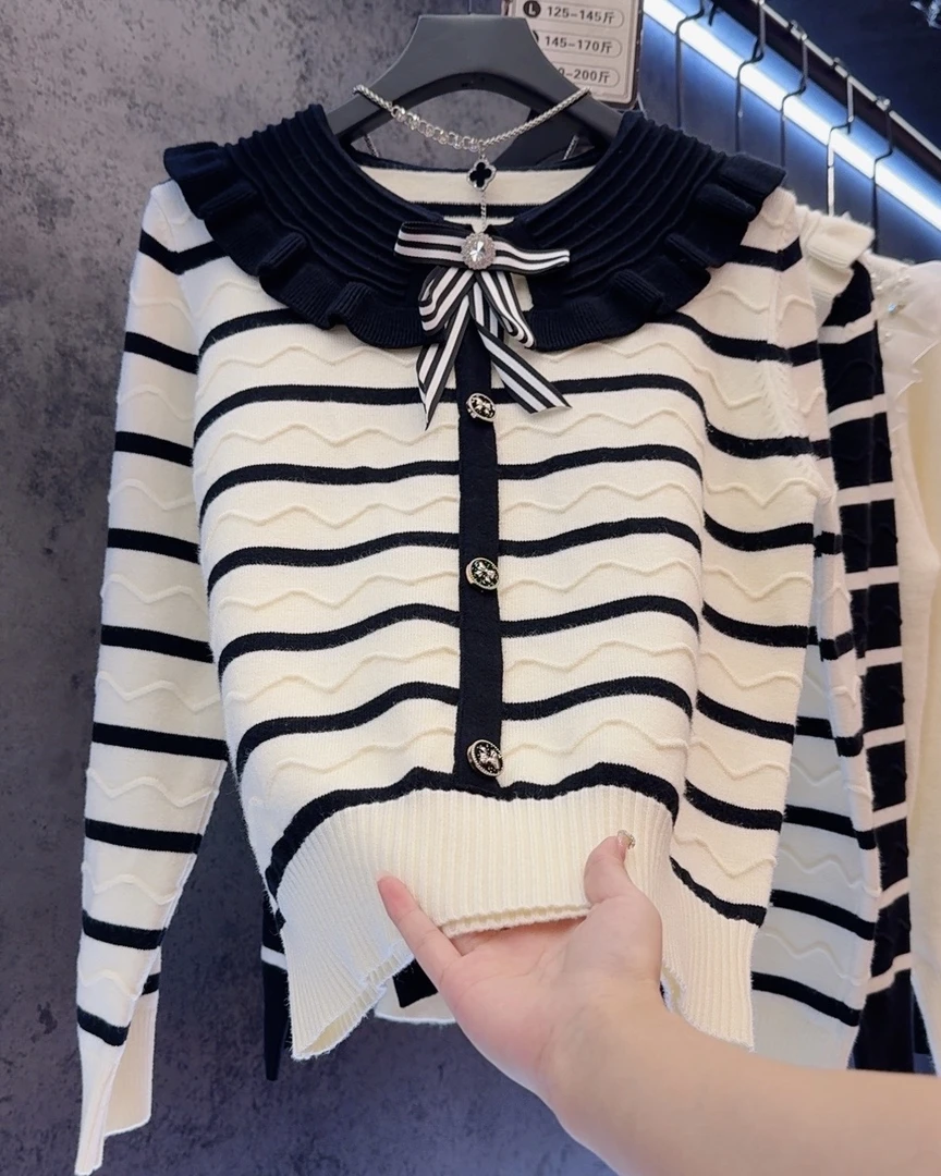 【定制大码女装80-200斤】显瘦时尚百搭条纹假开衫蝴蝶结上衣女2029