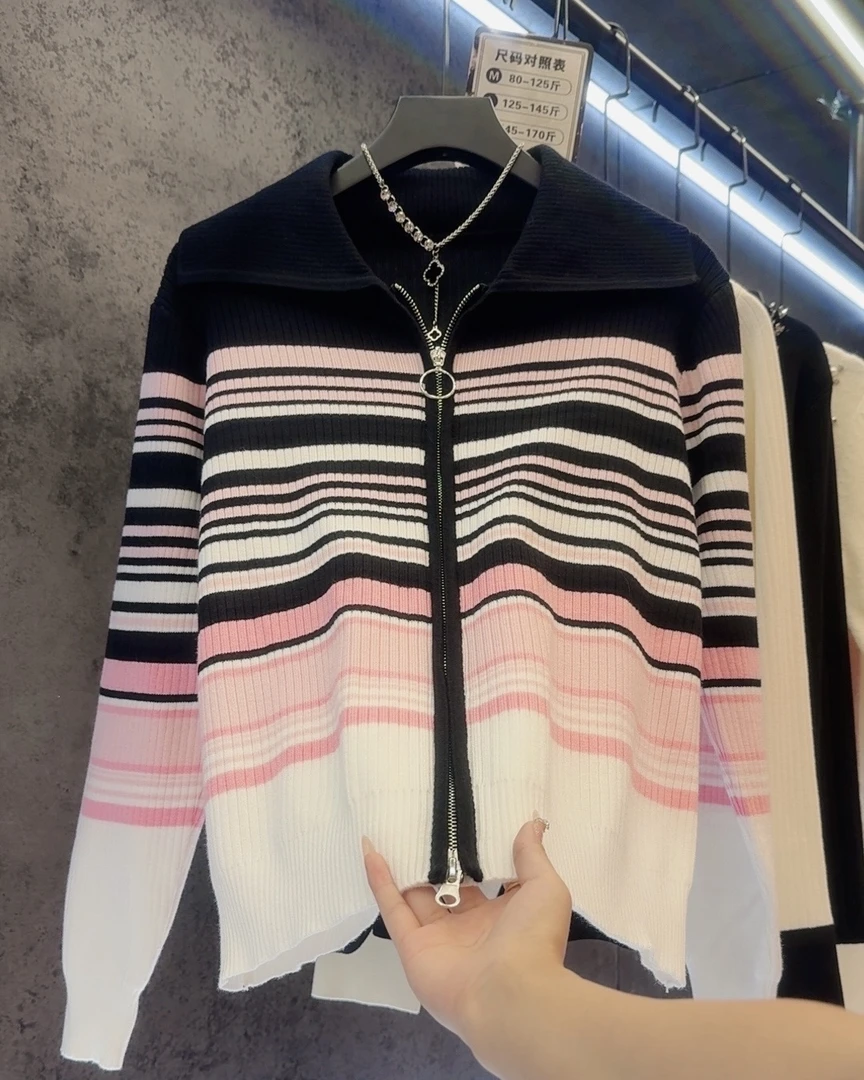 【定制大码女装80-200斤】翻领条纹早春通勤开衫双拉链上衣外套2013