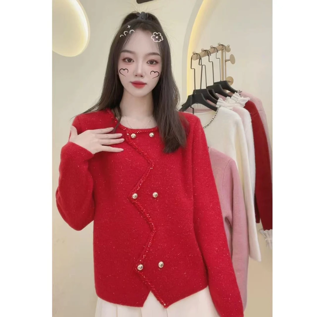 【胖可可严选80-200斤】时尚重工轻奢钉珠不规则圆领开衫上衣1835