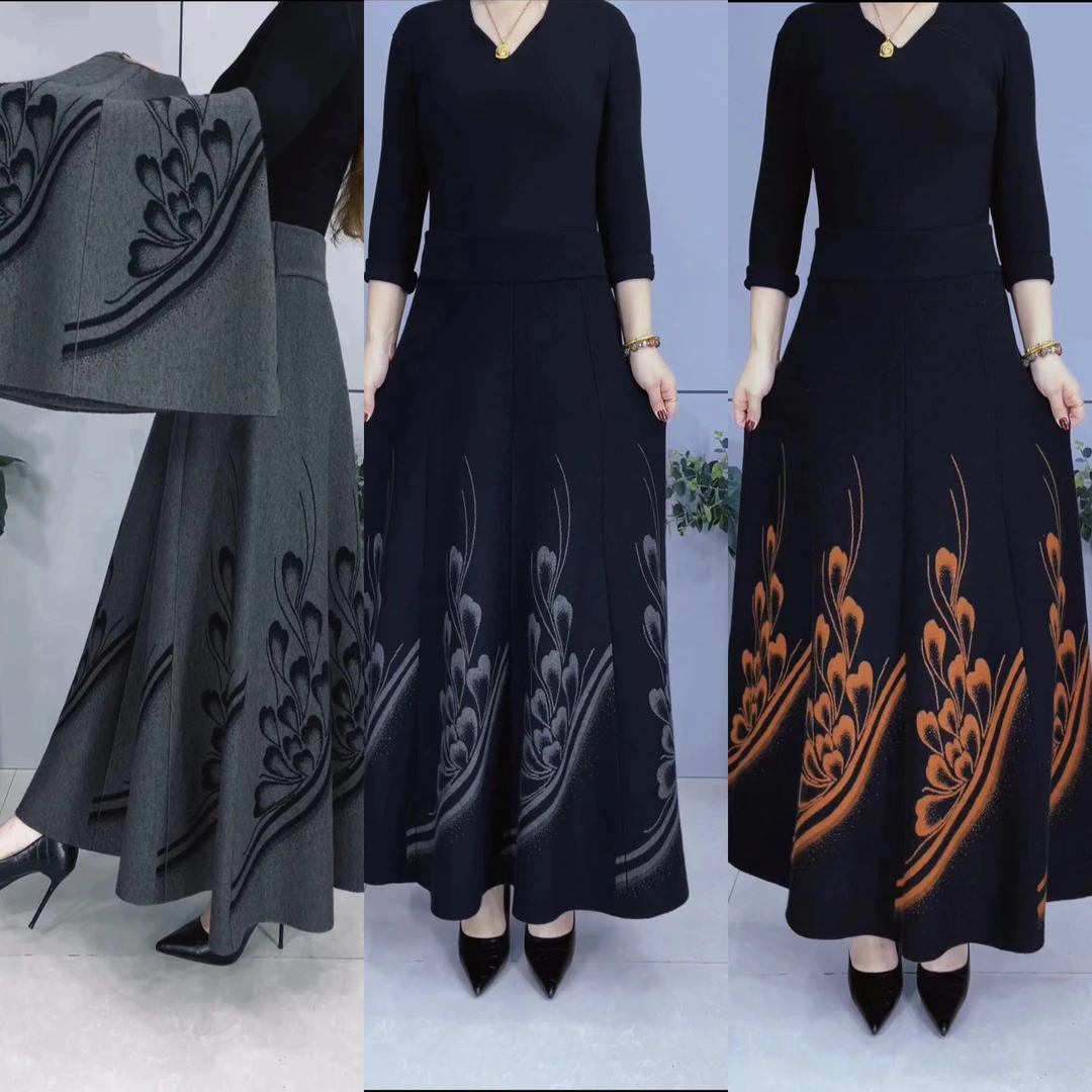 23106-5#秋冬新款针织花大摆裙高腰弹力半身裙时尚百搭半身裙