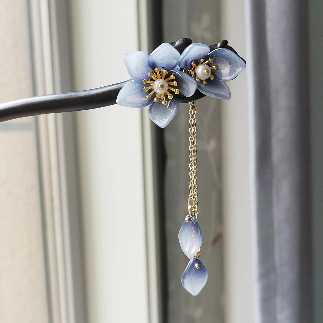 古风黑檀木琉璃花瓣流苏发簪古装汉服马面裙配饰古典精致高级感