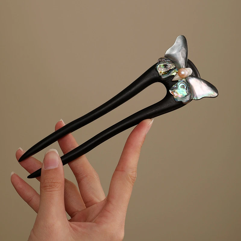 502蝴蝶款黑檀木U型发钗超仙旗袍气质国风复古簪子