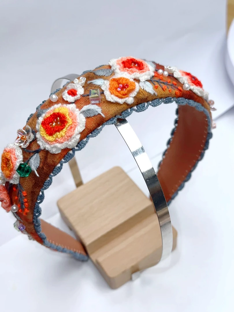 纯手工刺绣DIY发箍立体花小牛皮以直播间定制