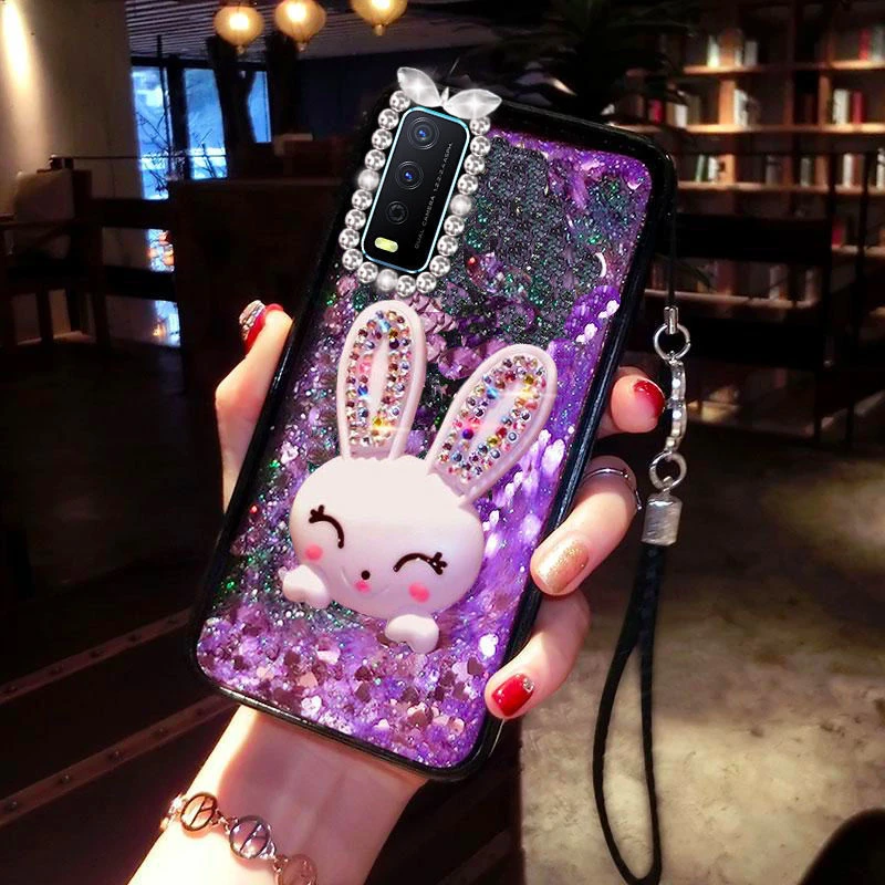 vivoY30标准版手机壳液体流沙女款V2036A防摔软胶套镶水钻兔支架