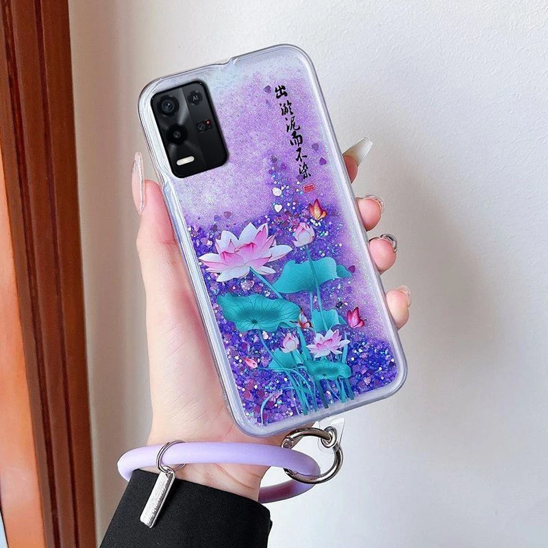 OPPOK9x手机壳女款液体流沙PGCM10荷花透明防摔硅胶套软ins风手链