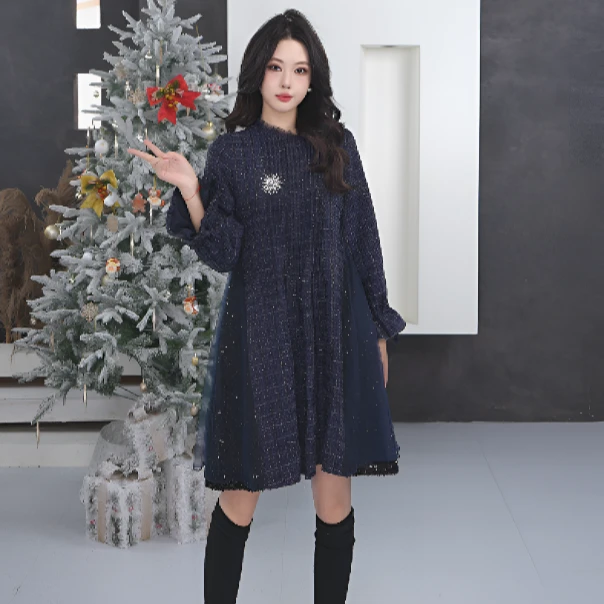 S·DEER圣迪奥秋冬设计师新款小香风时尚气质网纱女装圆领连衣裙