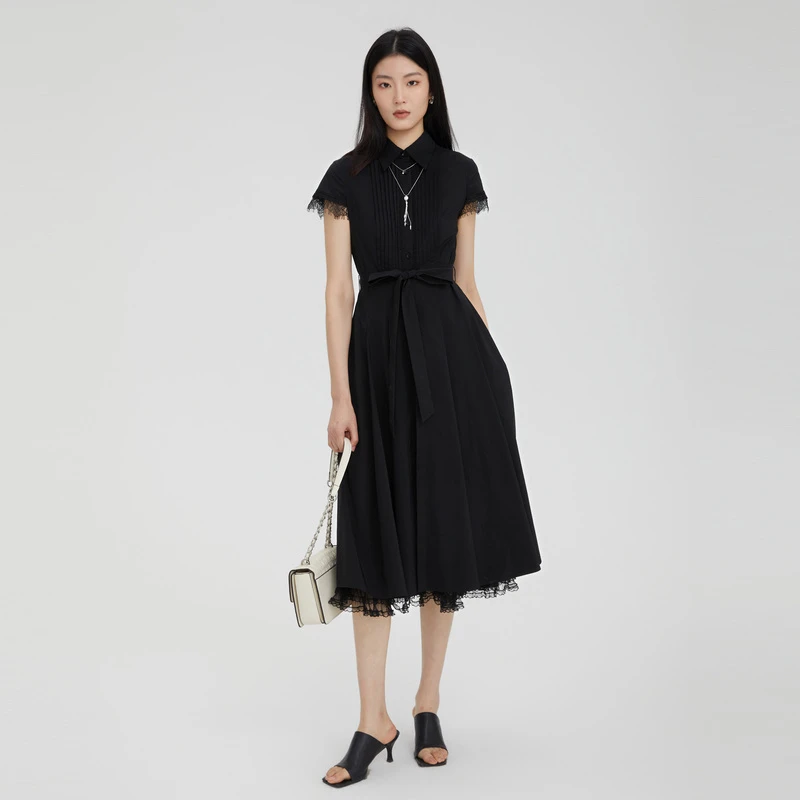 S·DEER圣迪奥夏季时尚小黑裙收腰气质优雅女装连衣裙S232Z12D7