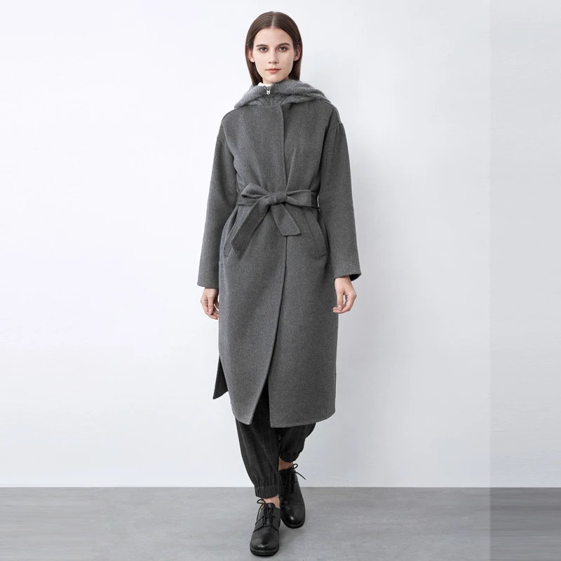 S·DEER圣迪奥女装针织连帽收腰直筒长款毛呢大衣女气质灰色外套