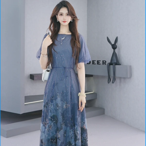 S·DEER圣迪奥女装连衣裙夏日显瘦优雅设计感网纱连衣裙S242Z12N5