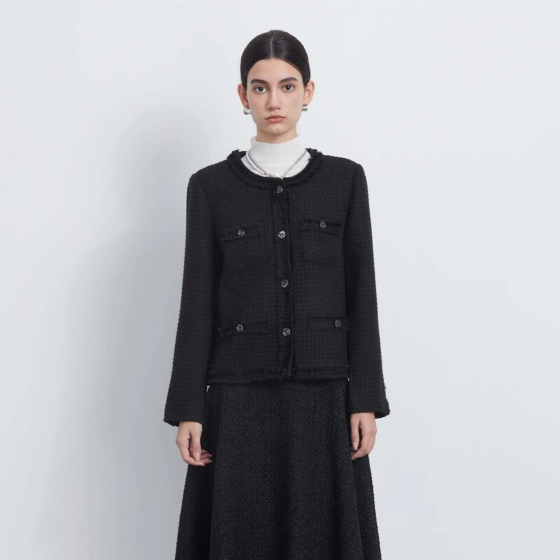 S·DEER圣迪奥轻奢高端小香风时尚百搭黑色秋季女外套S233Z2214