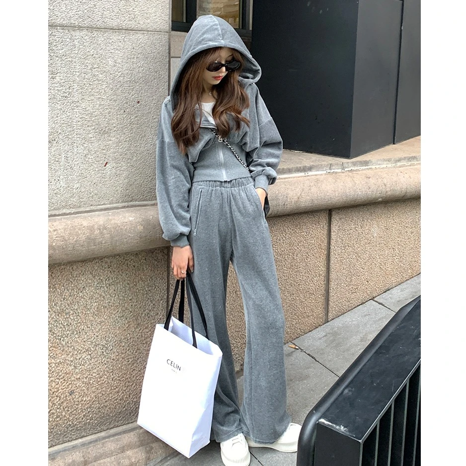 邹邹阔腿裤百搭卫衣运动套装女2023春季新款显瘦时尚休闲运动裤潮