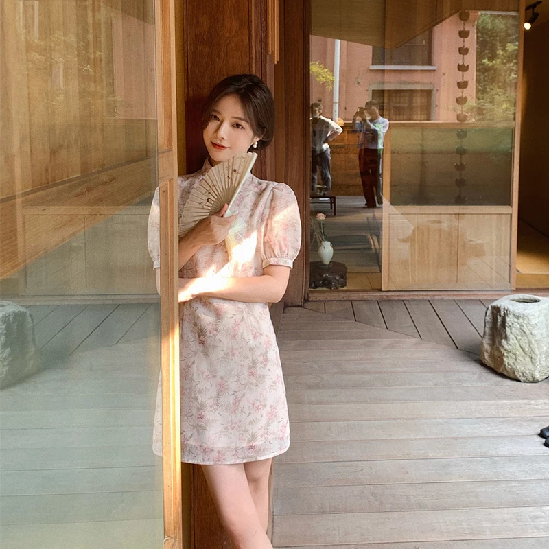 邹邹小个子国风司藤旗袍连衣裙女2023新款显瘦复古中长款印花裙子