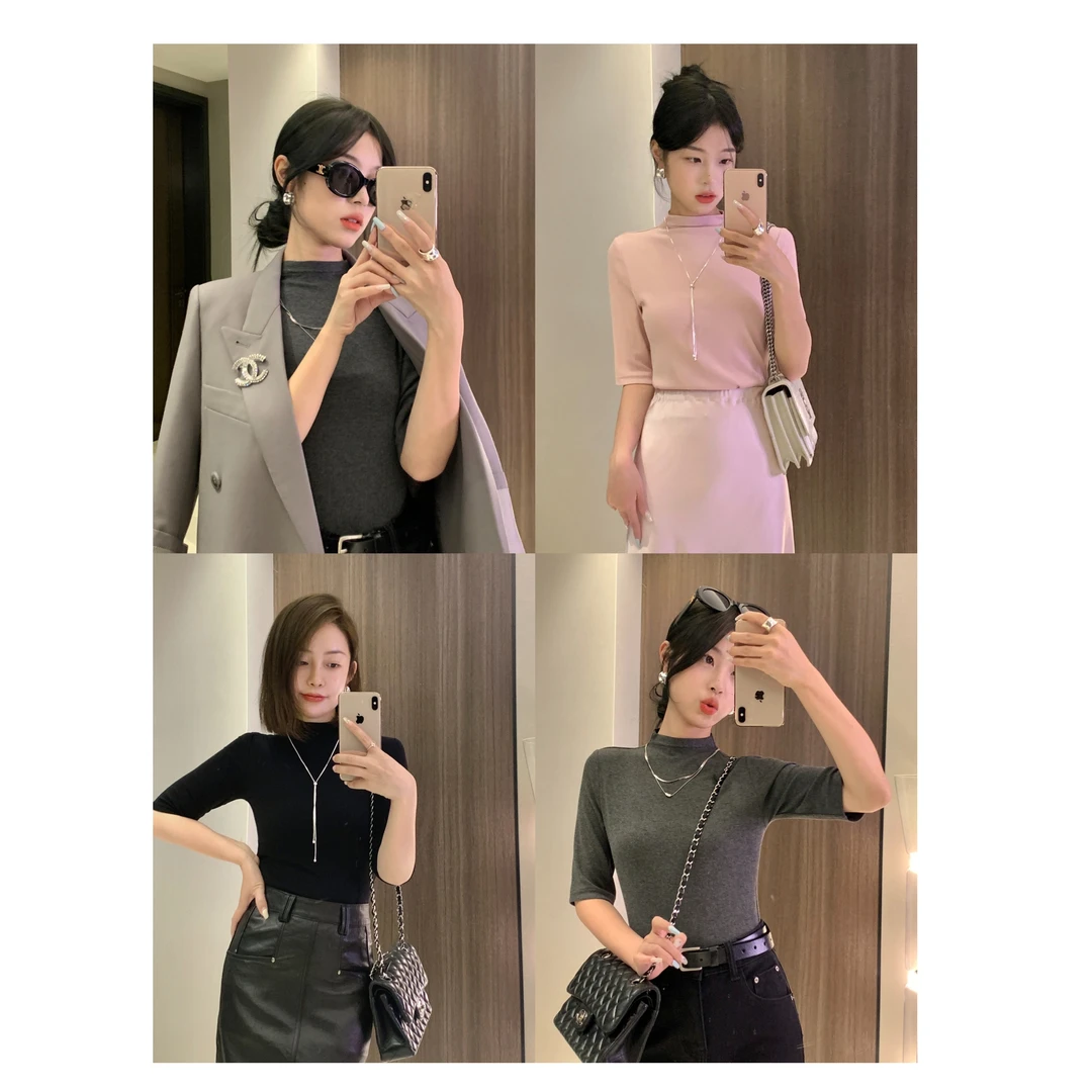 邹邹小个子春夏半高领打底衫女秋修身显瘦百搭内搭针织五分袖T恤