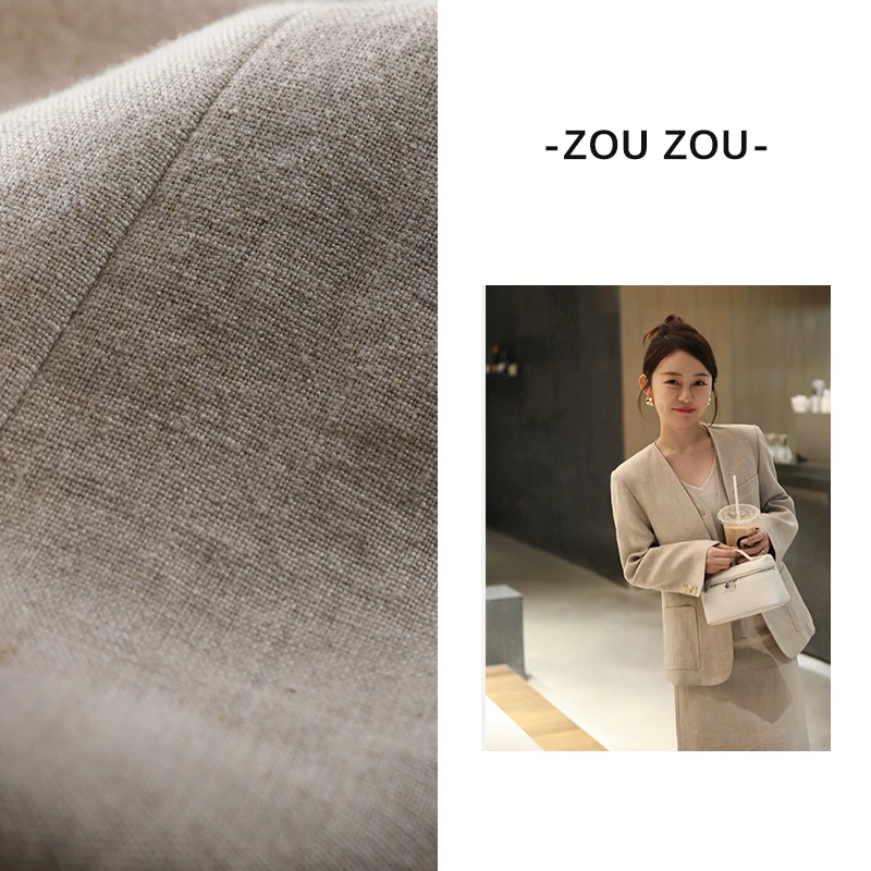 邹邹小个子新品亚麻西装套装女2024年春季高品质气质显瘦高腰半裙