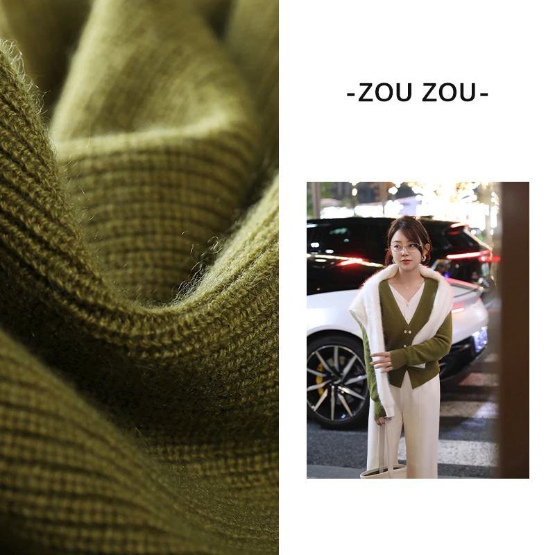 邹邹小个子新品  30羊绒开衫女冬V领气质复古针织外套假两件套