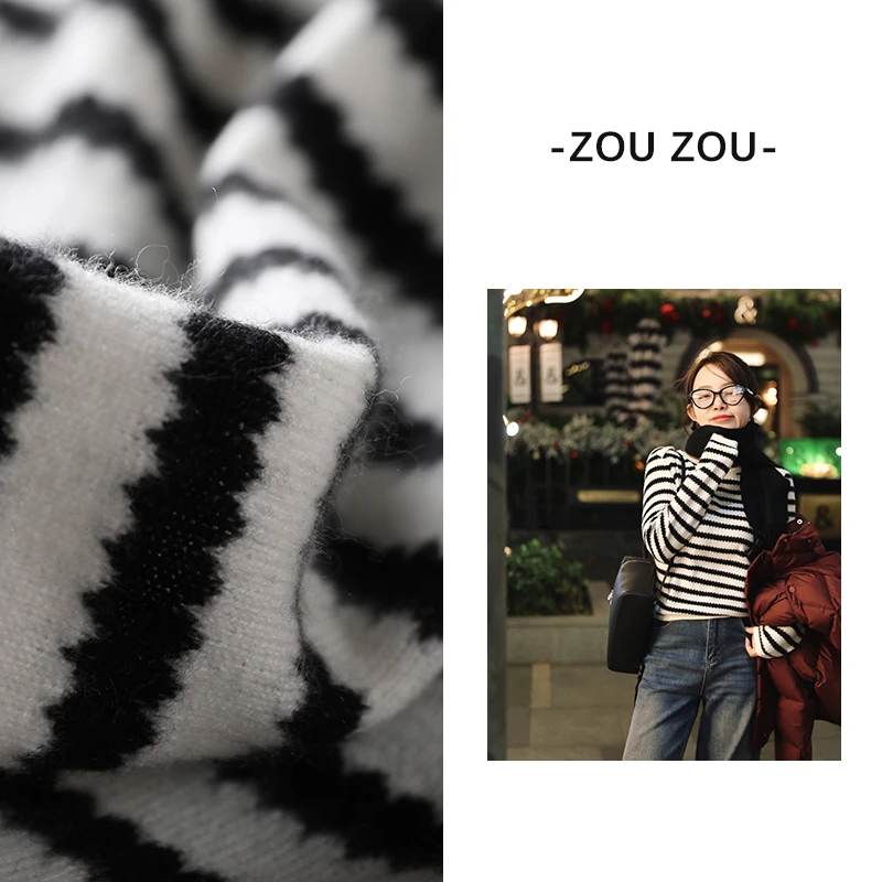 邹邹小个子新品 高品质100山羊绒针织衫女冬季保暖条纹显瘦毛衣