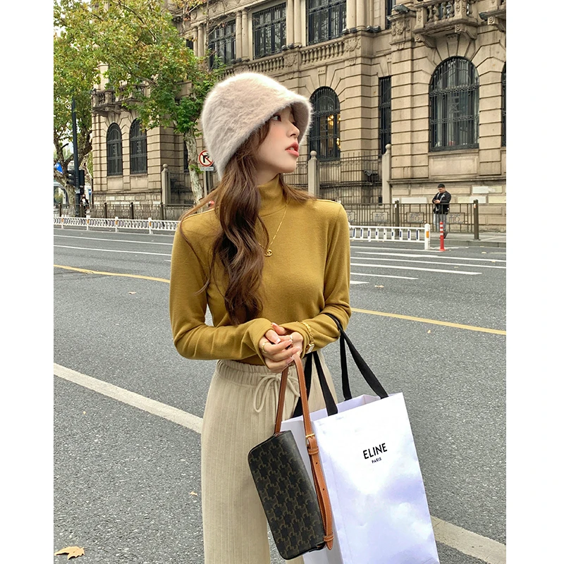 邹邹小个子新品 双面德绒高领打底衫女修身显瘦百搭内搭针织T恤