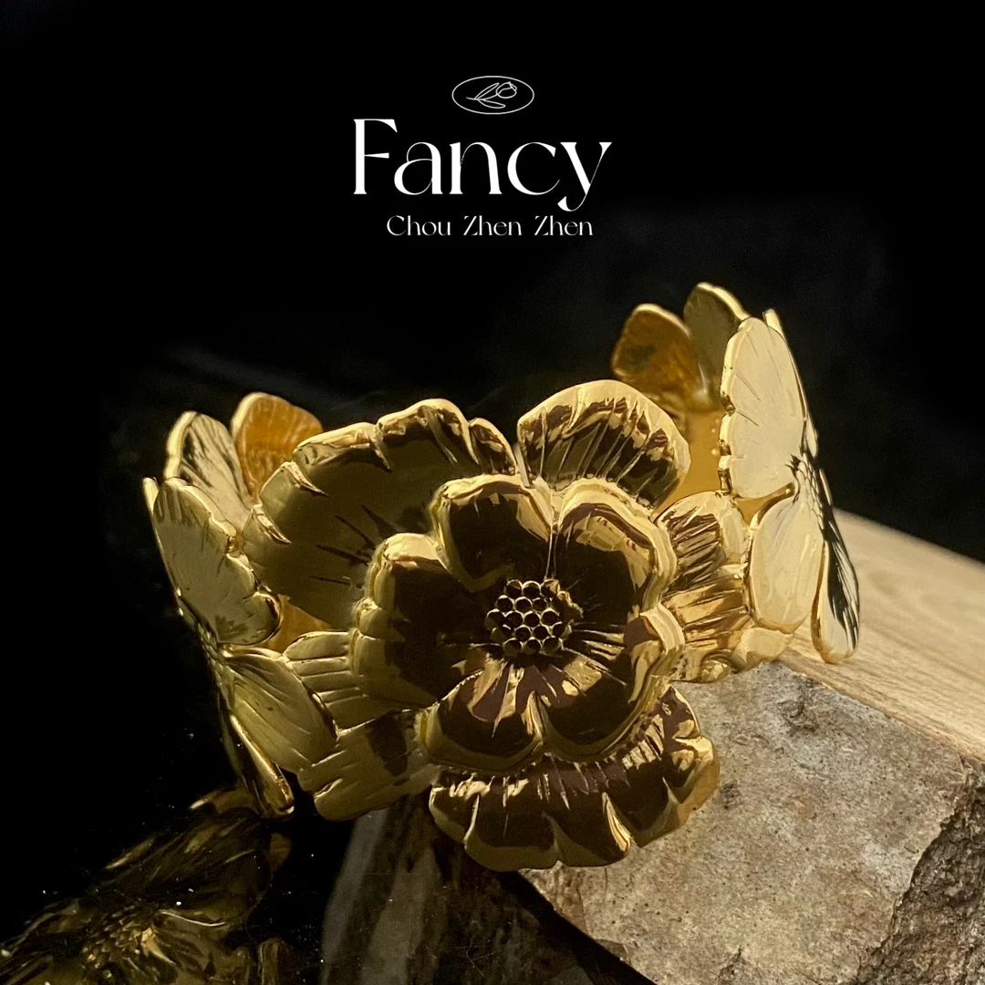 铜合金手镯 【花朵手镯】法式小众轻奢时尚气质重工金色开口手镯