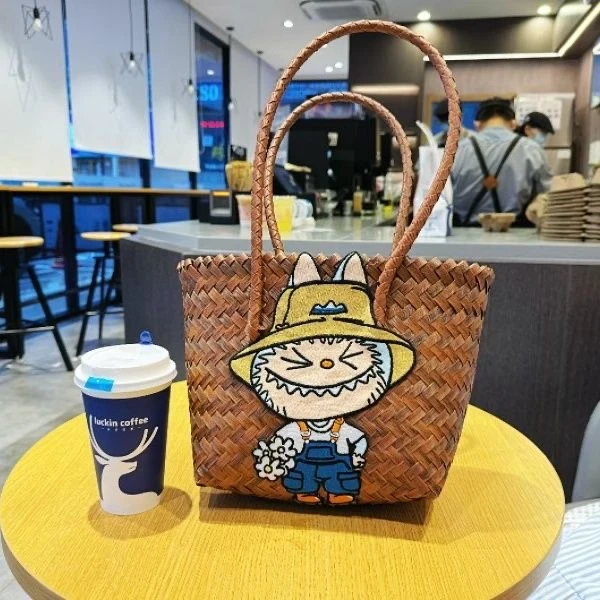 咖色彩色手工编织菜篮子女士手提包手拿包妈妈包饭盒托特包