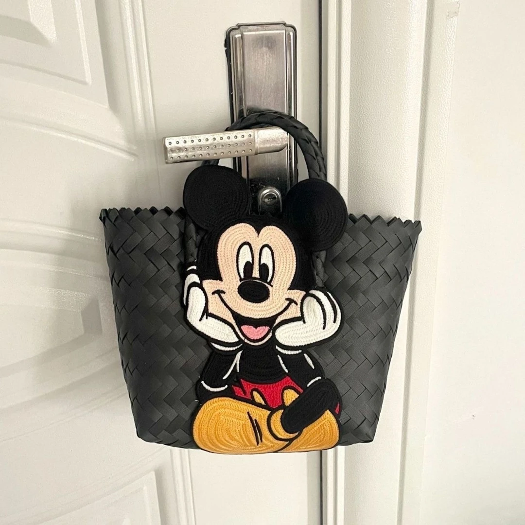 米奇米老鼠黑色手工编织菜篮子女士手提包手拿包妈妈包饭盒儿童包