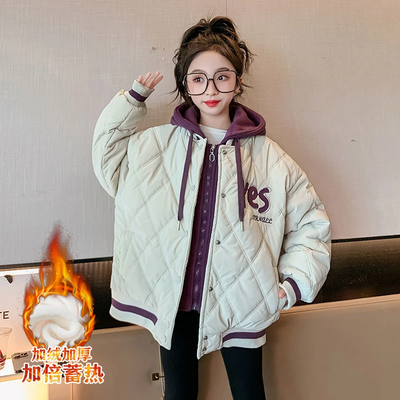 女大童假两件拼接棉衣外套秋冬款2024免洗洋气初中生夹棉加厚棉服