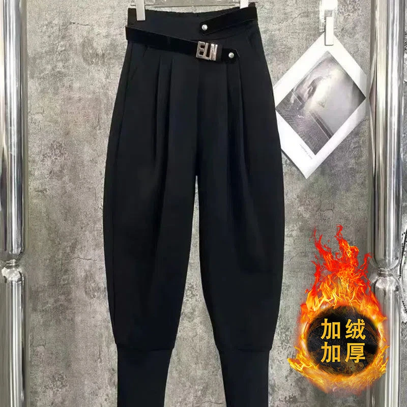 2023秋冬加绒加厚新款小众设计感显瘦宽松哈伦裤女款休闲裤收腰