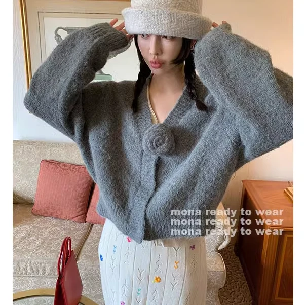 MONA同款 10羊毛花朵设计高级感毛衣外套女小个子 2024春秋季新款