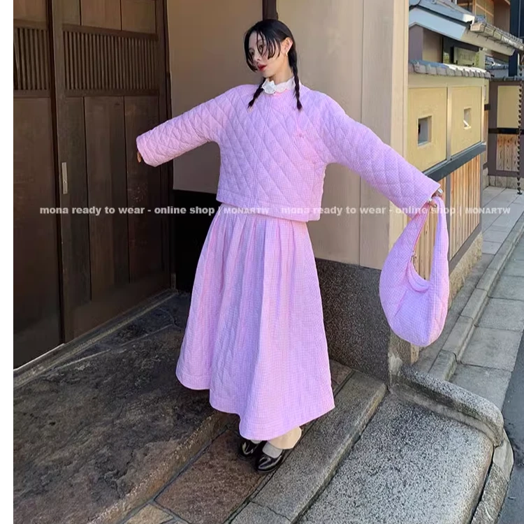 MONA 潮流格纹棉衣外套女小个子 中腰半身裙套装2024冬季新款